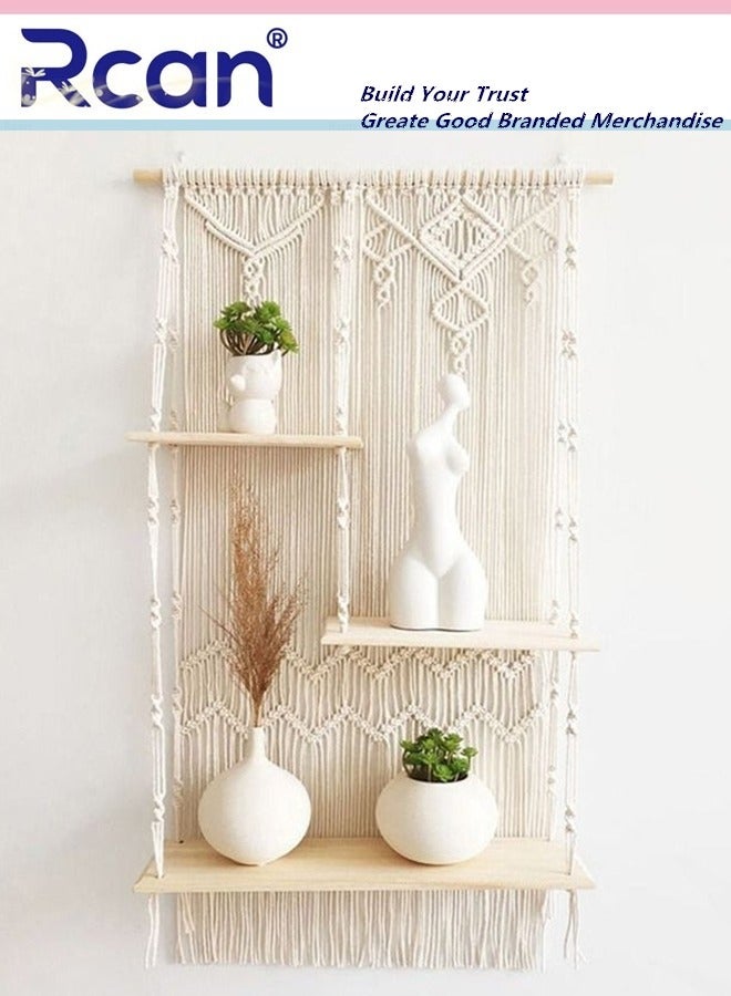 ركان رفوف معلقة على الحائط، أرفف معلقة على طراز بوهو لتزيين الحائط، نباتات عائمة بوهيمية، رفوف تخزين للغرفة، منظم ديكور من الحبال، رفوف نباتات مصنوعة يدويًا من 3 طبقات - Image 1