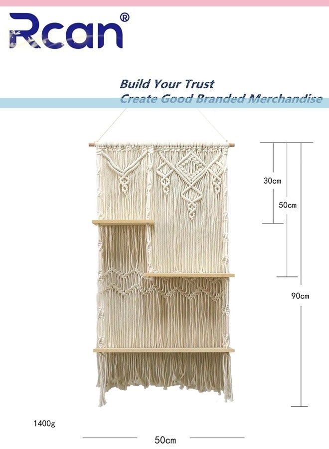 ركان رفوف معلقة على الحائط، أرفف معلقة على طراز بوهو لتزيين الحائط، نباتات عائمة بوهيمية، رفوف تخزين للغرفة، منظم ديكور من الحبال، رفوف نباتات مصنوعة يدويًا من 3 طبقات - Image 3