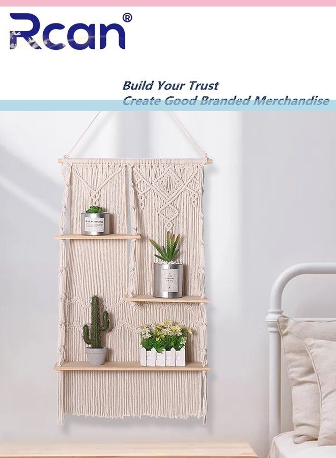 ركان رفوف معلقة على الحائط، أرفف معلقة على طراز بوهو لتزيين الحائط، نباتات عائمة بوهيمية، رفوف تخزين للغرفة، منظم ديكور من الحبال، رفوف نباتات مصنوعة يدويًا من 3 طبقات - Image 4