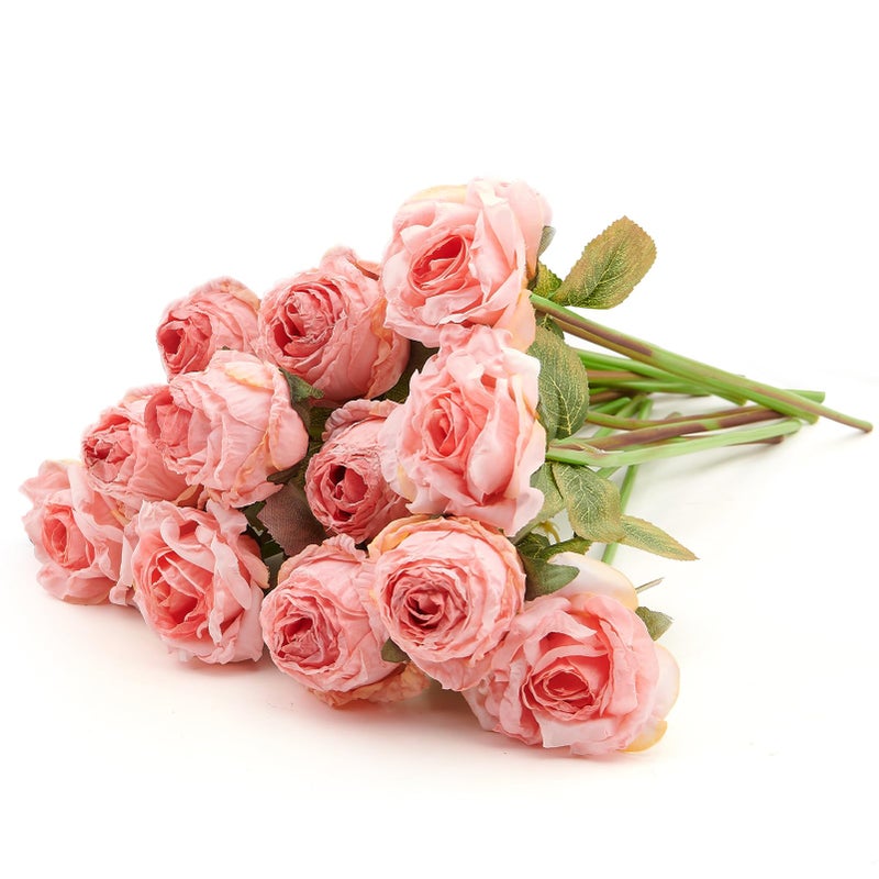 PONKING Rose Artificial Flower 12pcs Realistic Faux Silk Roses Fake Flowers Bouquets Arrangements Decor for Wedding Spring Mother's Day, Home Table Decorations, Pink Flower - Image 1