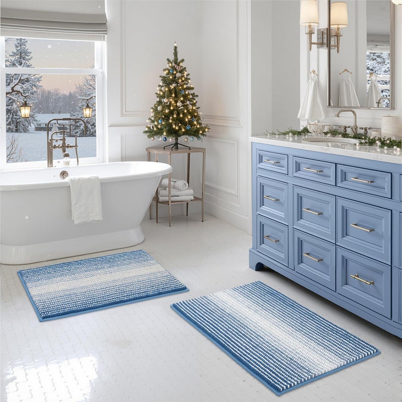 BSICPRO Bathroom Rugs and Mats Sets 2 Piece Thick Absorbent Chenille Bath Mat Rug Set Non Slip Soft Shaggy Bath Room Floor Mats for Bathroom Machine Washable Sky Blue 20 x 32 Plus 16 x 24