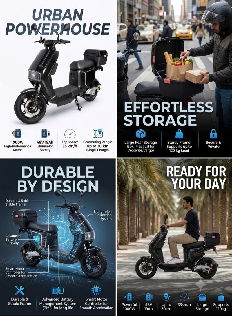 Electric Bike with 1000W Motor | 48V 19Ah Lithium Battery | Up to 30km Range | 35km/h Top Speed | Supports up to 120kg | Large Rear Storage Box - Image 4