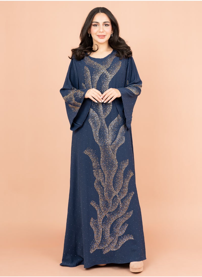 اكسا جلابية لامعة مع تفاصيل كرستال IK6007 ازرق  - Image 1