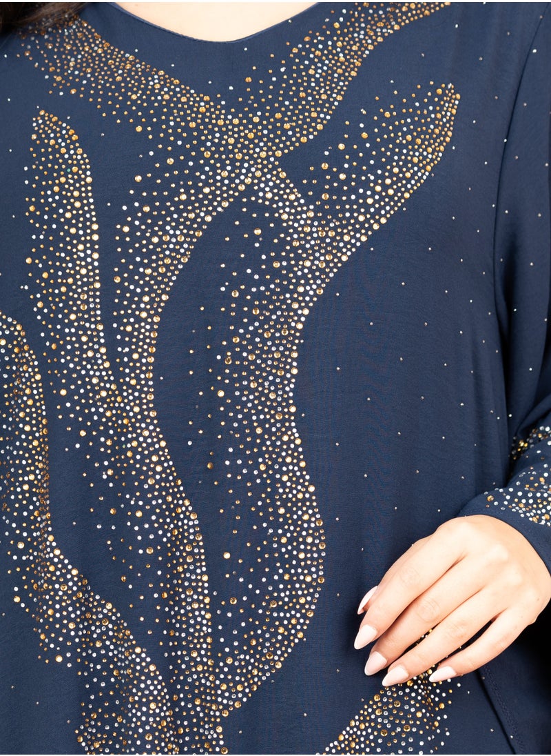 اكسا جلابية لامعة مع تفاصيل كرستال IK6007 ازرق  - Image 2