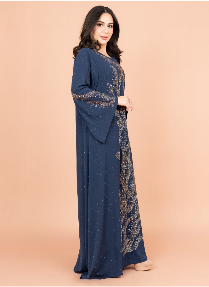 اكسا جلابية لامعة مع تفاصيل كرستال IK6007 ازرق  - Image 3