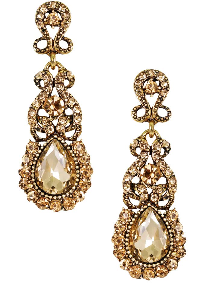 Antique Gold Vintage Retro Deco Victorian Style Champagne Amber Yellow Topaz Citrine Rhinestone Statement Earrings
