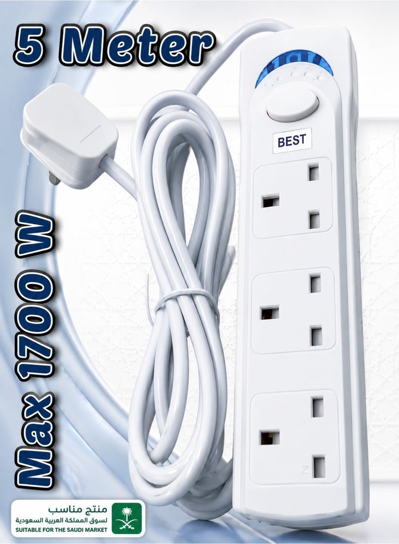 بست شريط طاقة BEST عالمي بثلاثة مقابس مع كابل تمديد سميك بطول 5 أمتار، أبيض - Image 1