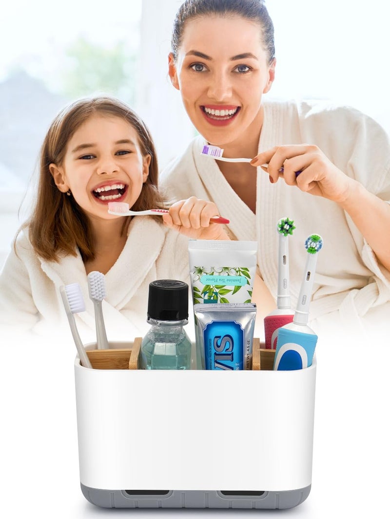 GFWARE Toothbrush Holders for Bathrooms - Bamboo Divider Toothbrush and Toothpaste Holder with Drainage, Kids Electric Toothbrush Organizer for Bathroom Countertop, White Tooth Brush Holder - Image 3