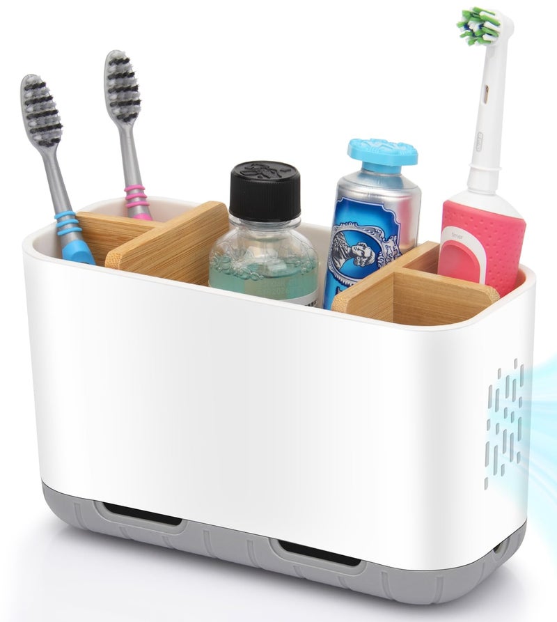 GFWARE Toothbrush Holders for Bathrooms - Bamboo Divider Toothbrush and Toothpaste Holder with Drainage, Kids Electric Toothbrush Organizer for Bathroom Countertop, White Tooth Brush Holder - Image 1