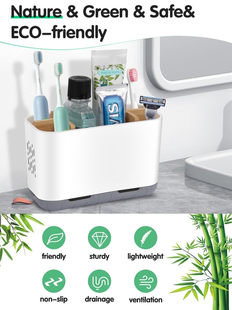 GFWARE Toothbrush Holders for Bathrooms - Bamboo Divider Toothbrush and Toothpaste Holder with Drainage, Kids Electric Toothbrush Organizer for Bathroom Countertop, White Tooth Brush Holder - Image 2