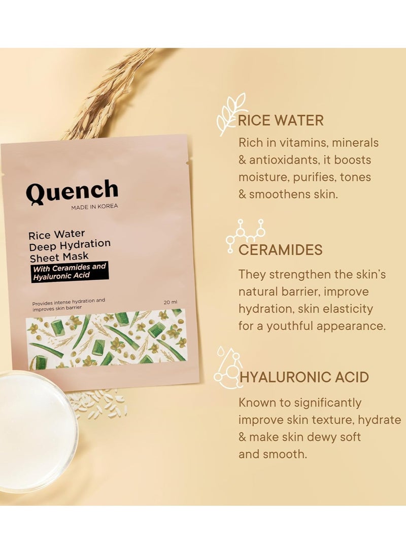 Quench Deep Hydration Korean Sheet Mask with Rice Water, Ceramides & Hyaluronic Acid | Korean Face Mask for Glowing Skin | Hydrates & Instantly Plumps Skin | Made in Korea (Pack of 1, 20ml) - Image 3