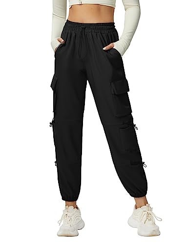 DLOODA Quick Dry Cargo Pants Lightweight Tactical Hiking Pants with 6 Pockets for Women, Elastic Waist and Water-Resistant Black - Image 2