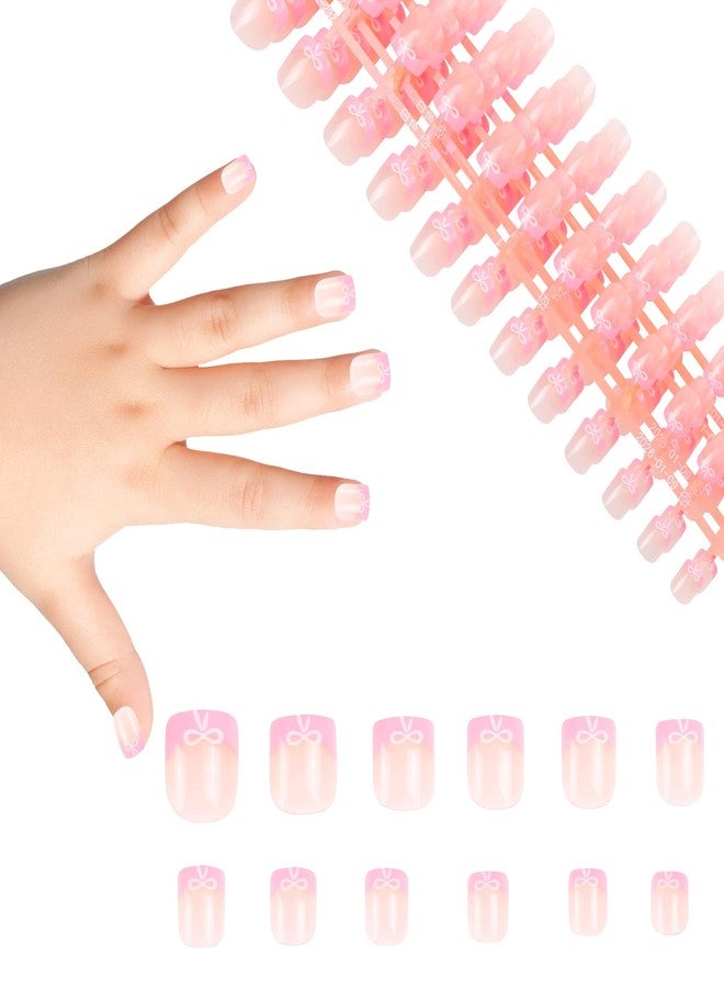 Kawyehu 120pcs 5 Pack Kids Fake Nails Press on Full Cover Classic French Short False Nail for Kids Art Kits Set, Bow French - Image 1