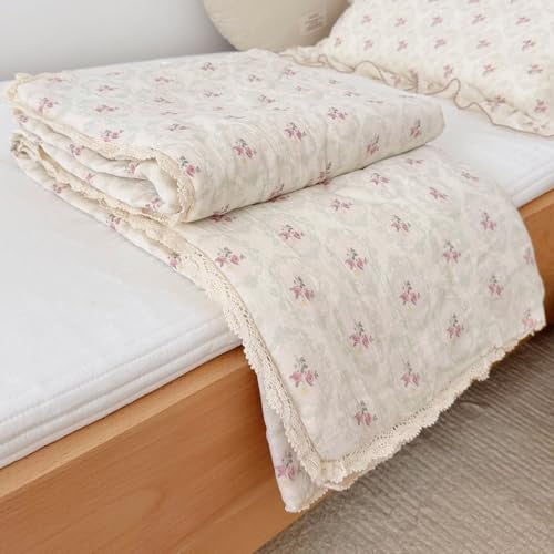 BuLuTu DoubleLayer Cotton Muslin Toddler Quilted Blanket Romantic Floral Design Baby Girls Crib Comforter with Lace Edges Soft Lightweight Kids Quilt 47x59 Begonia Print - Image 3