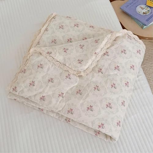 BuLuTu DoubleLayer Cotton Muslin Toddler Quilted Blanket Romantic Floral Design Baby Girls Crib Comforter with Lace Edges Soft Lightweight Kids Quilt 47x59 Begonia Print - Image 1