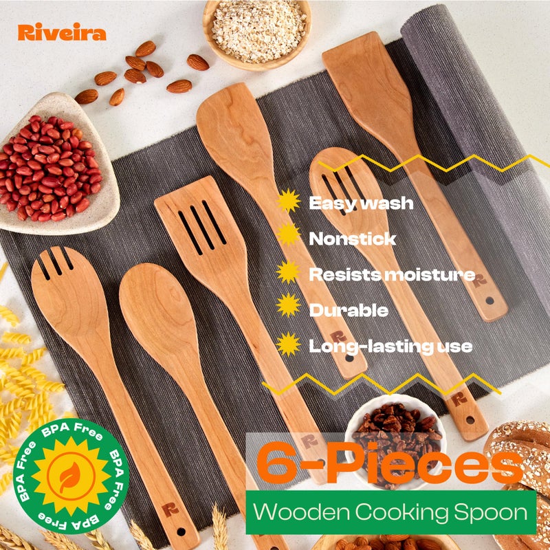 Riveira Cherry Wooden Spoons for Cooking Set of 6 â€“ Natural Cherry Wooden Cooking Utensils, Wooden Spatula, Wooden Spoon - Premium Quality Utensil Set for Non-Toxic Cooking - Image 5