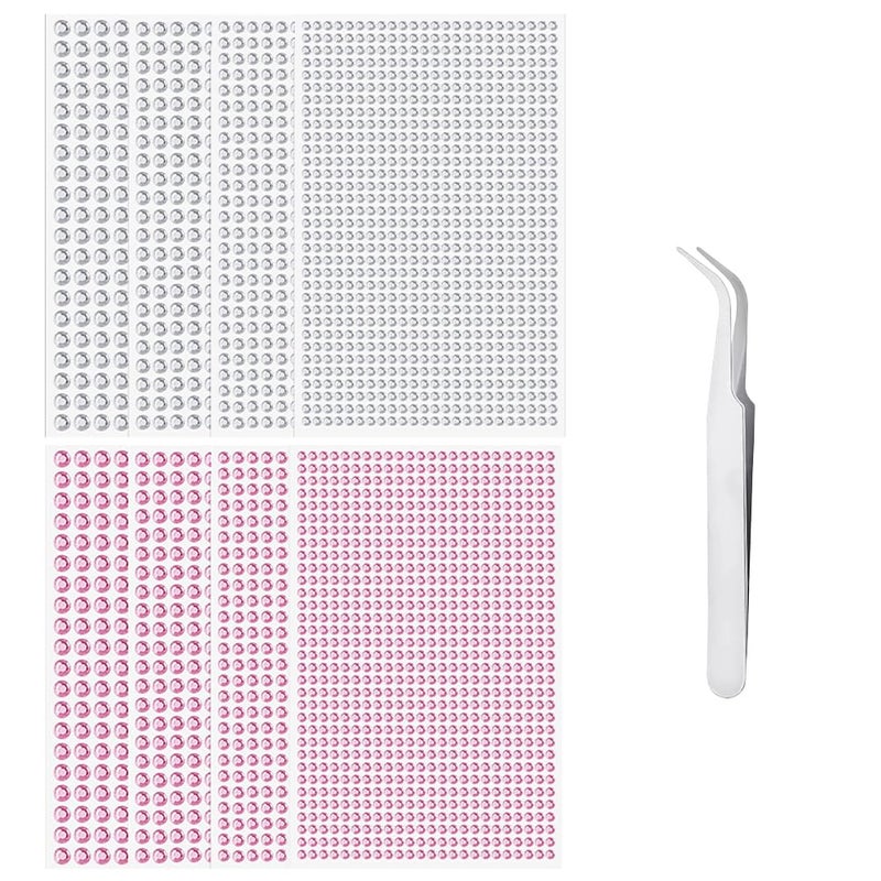 TRKETK 8 Sheets Rhinestone Face Sticker 3584 Pieces Self Adhesive Rhinestones with 1 Pieces Shiny Rhinestone Tweezers Adhesive for DIY Craft Nail Body Makeup Decoration (3/4/5/6mm) - Image 1