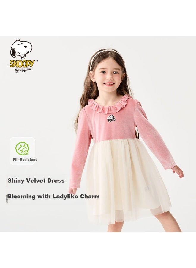 Snoopy Girls' Dress Children's Long Sleeve Princess Velvet Snoopy Pink 130 - Image 1