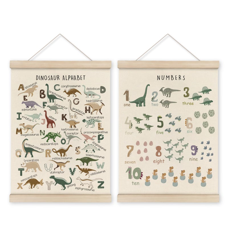 HRQKO Dinosaur Alphabet Poster Hanger Frame Set of 2, Dinosaur Wall Decor, Nursery Wall Decor, ABC Poster Wall Art with Wooden Frames, Alphabet Banner Wall Hanging Decor for Boys Room,12x16 Inch - Image 1