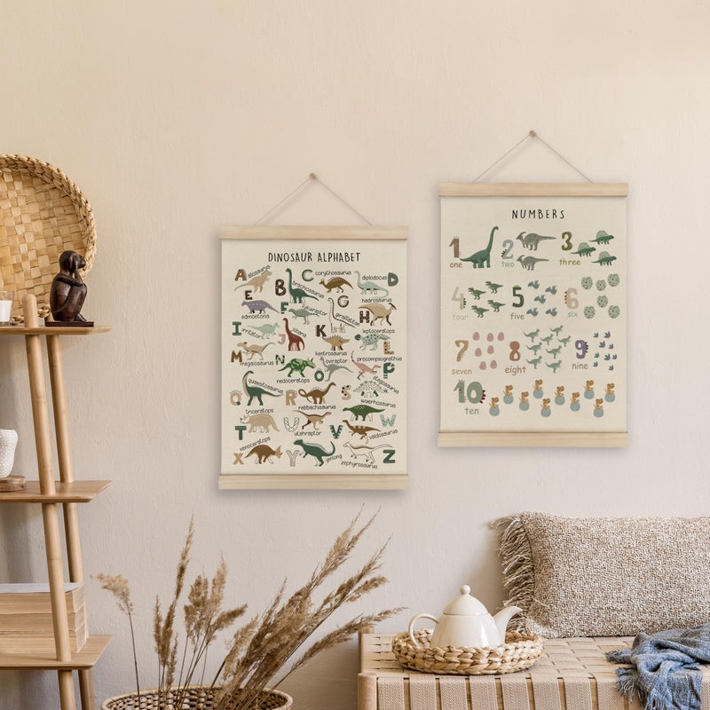 HRQKO Dinosaur Alphabet Poster Hanger Frame Set of 2, Dinosaur Wall Decor, Nursery Wall Decor, ABC Poster Wall Art with Wooden Frames, Alphabet Banner Wall Hanging Decor for Boys Room,12x16 Inch - Image 2
