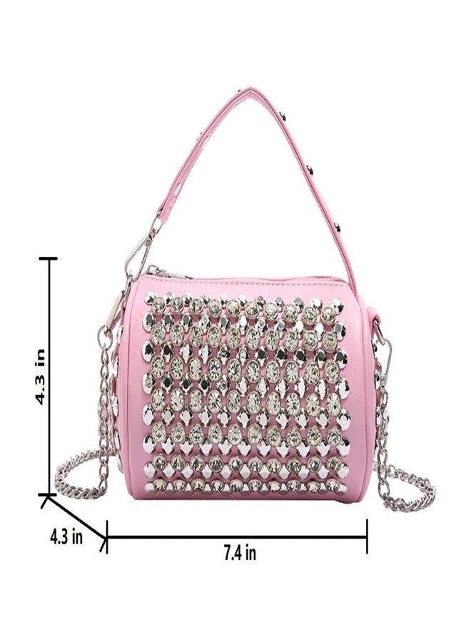 Teanea Rhinestone Cylinder Crossbody Bag Sparkling Barrel Purse Mini Tote for Women, Pink - Image 2