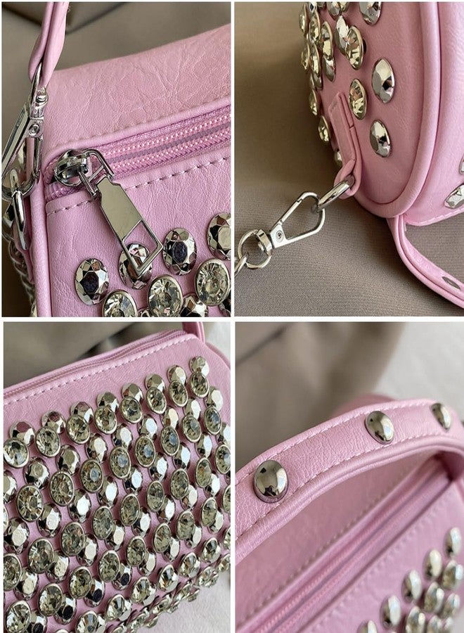 Teanea Rhinestone Cylinder Crossbody Bag Sparkling Barrel Purse Mini Tote for Women, Pink - Image 4