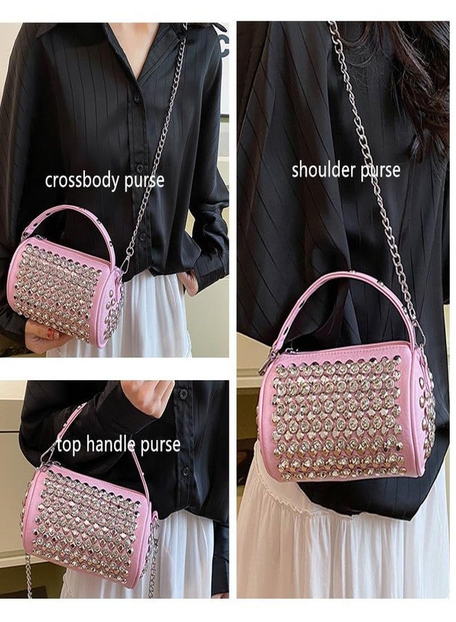 Teanea Rhinestone Cylinder Crossbody Bag Sparkling Barrel Purse Mini Tote for Women, Pink - Image 3