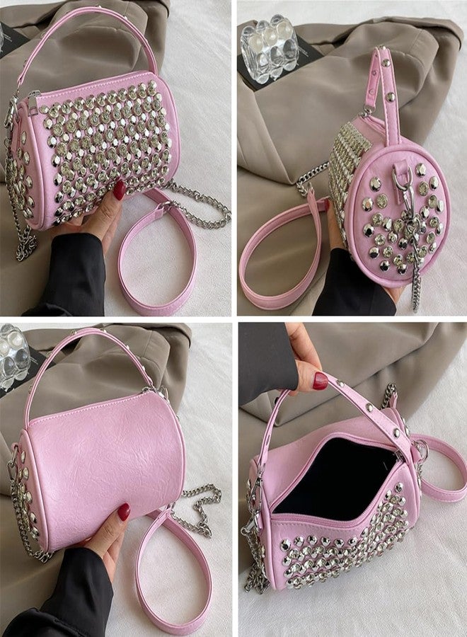 Teanea Rhinestone Cylinder Crossbody Bag Sparkling Barrel Purse Mini Tote for Women, Pink - Image 5