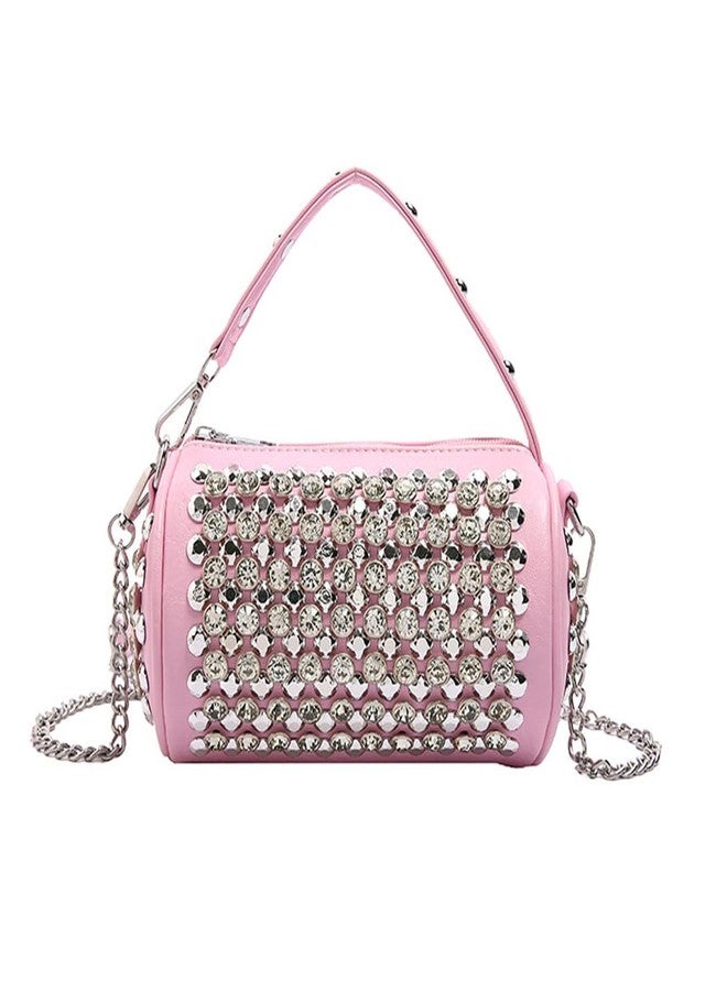 Teanea Rhinestone Cylinder Crossbody Bag Sparkling Barrel Purse Mini Tote for Women, Pink - Image 1