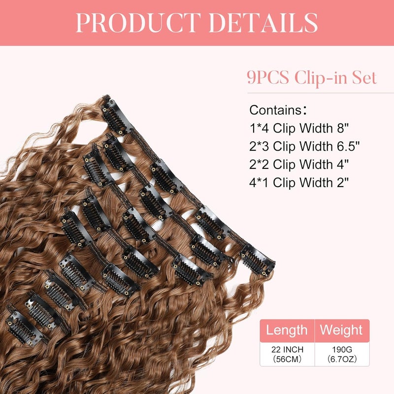 Flufymooz 9 x clip-in hair extensions, 22 inch clip-in hair extensions, curly hair extensions, long, soft synthetic hairpieces for women, chestnut brown - Image 3