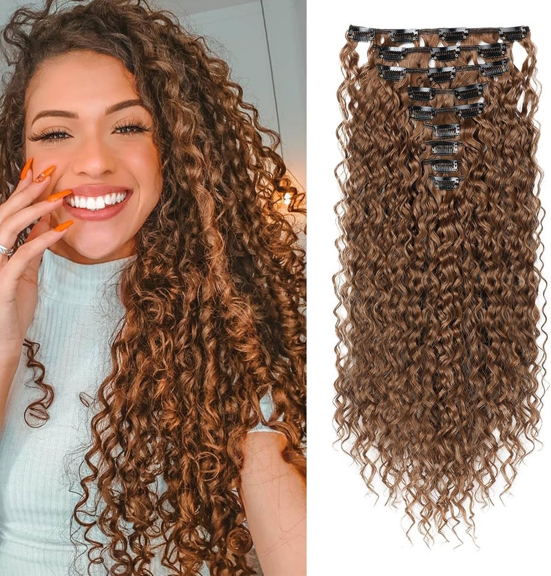 Flufymooz 9 x clip-in hair extensions, 22 inch clip-in hair extensions, curly hair extensions, long, soft synthetic hairpieces for women, chestnut brown - Image 1