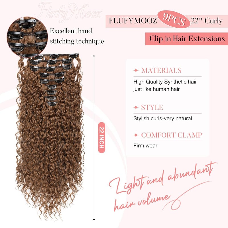 Flufymooz 9 x clip-in hair extensions, 22 inch clip-in hair extensions, curly hair extensions, long, soft synthetic hairpieces for women, chestnut brown - Image 2