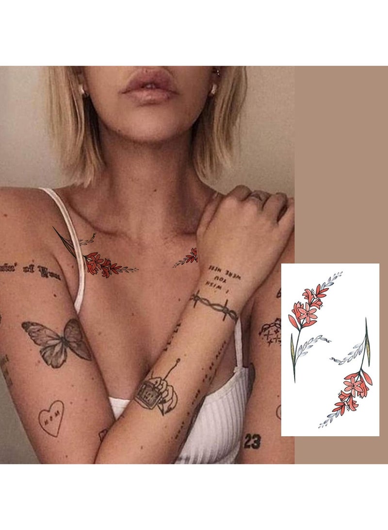 قوس قزح أورينبو 28 ورقة وشم مؤقتة مقاومة للماء للنساء والفتيات والرجال، وشم مؤقت على شكل زهرة وقط وأرنب، وشم مزيف لطيف، ملصق فني للجسم، عظم الترقوة والذراع - Image 2