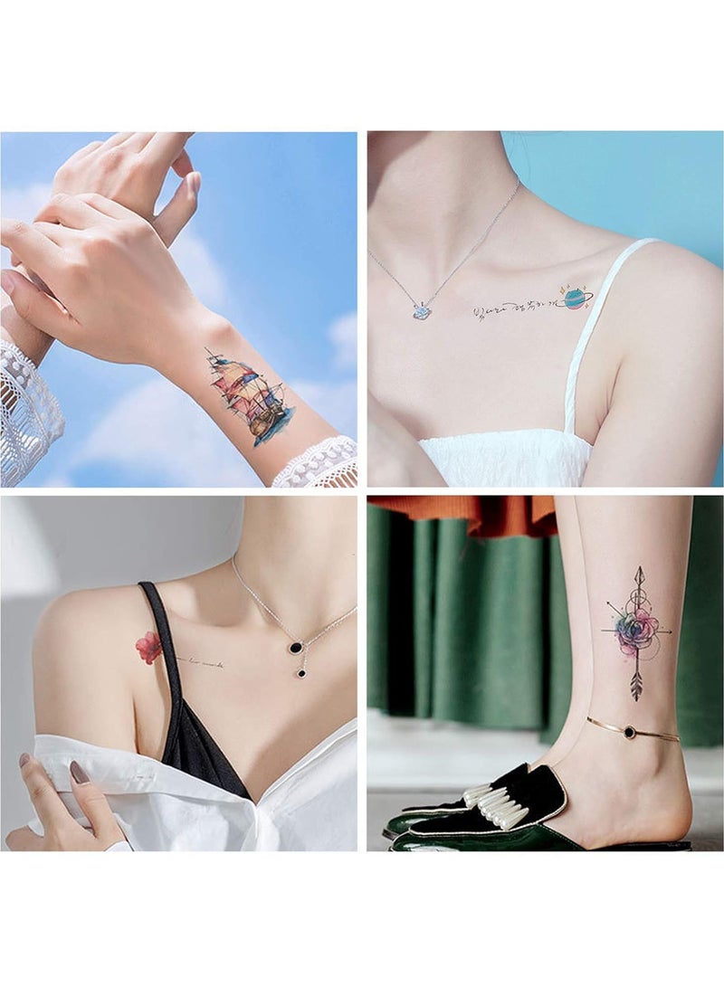قوس قزح أورينبو 28 ورقة وشم مؤقتة مقاومة للماء للنساء والفتيات والرجال، وشم مؤقت على شكل زهرة وقط وأرنب، وشم مزيف لطيف، ملصق فني للجسم، عظم الترقوة والذراع - Image 4