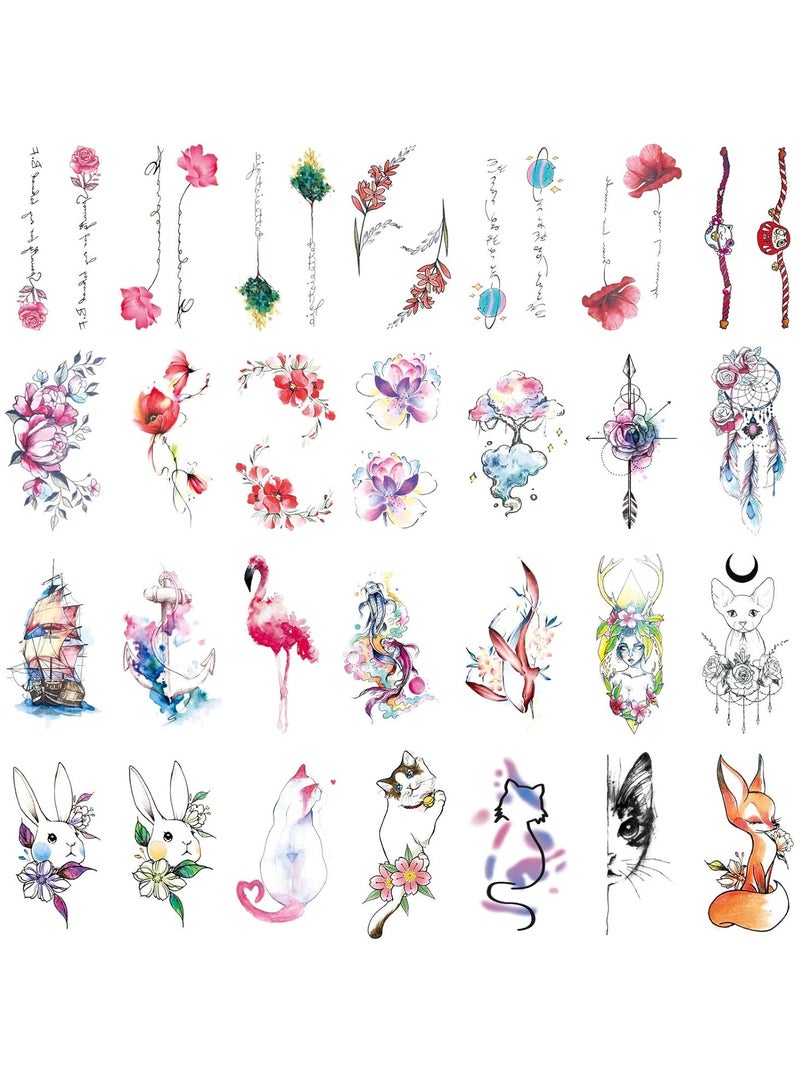 قوس قزح أورينبو 28 ورقة وشم مؤقتة مقاومة للماء للنساء والفتيات والرجال، وشم مؤقت على شكل زهرة وقط وأرنب، وشم مزيف لطيف، ملصق فني للجسم، عظم الترقوة والذراع - Image 1