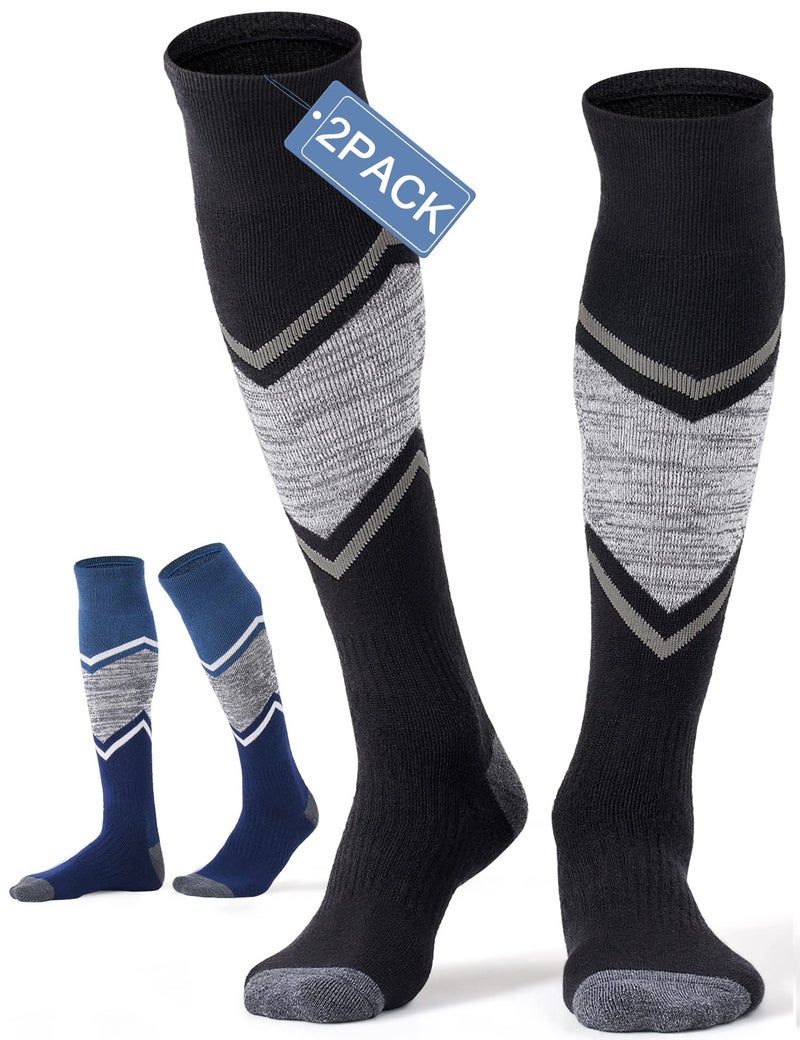 FITRELL 2 Pack Men's and Women's Ski Socks Full Cushioned Winter Merino Wool Thermal Knee High Warm Boot Socks for Skiing Snowboarding, Black+Blue, Large - Image 1