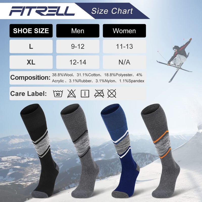 FITRELL 2 Pack Men's and Women's Ski Socks Full Cushioned Winter Merino Wool Thermal Knee High Warm Boot Socks for Skiing Snowboarding, Black+Blue, Large - Image 2