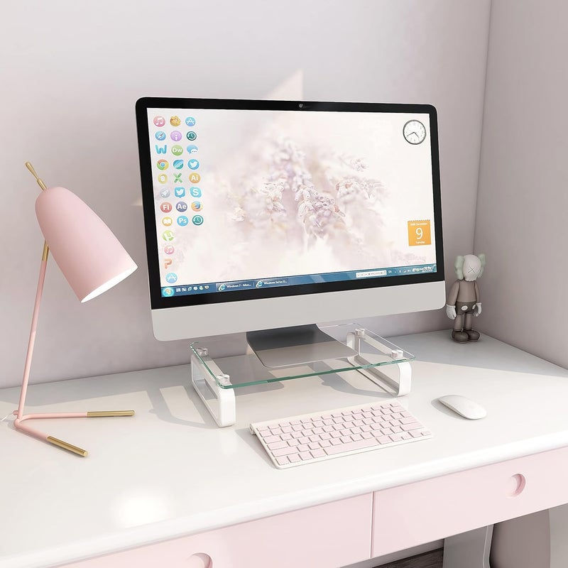 Hemudu Clear Computer Monitor Stand Riser Multi Media Desktop Stand for Flat Screen LCD LED TV, Laptop/Notebook, with Tempered Glass and Metal Legs, HD02T-001 - Image 3