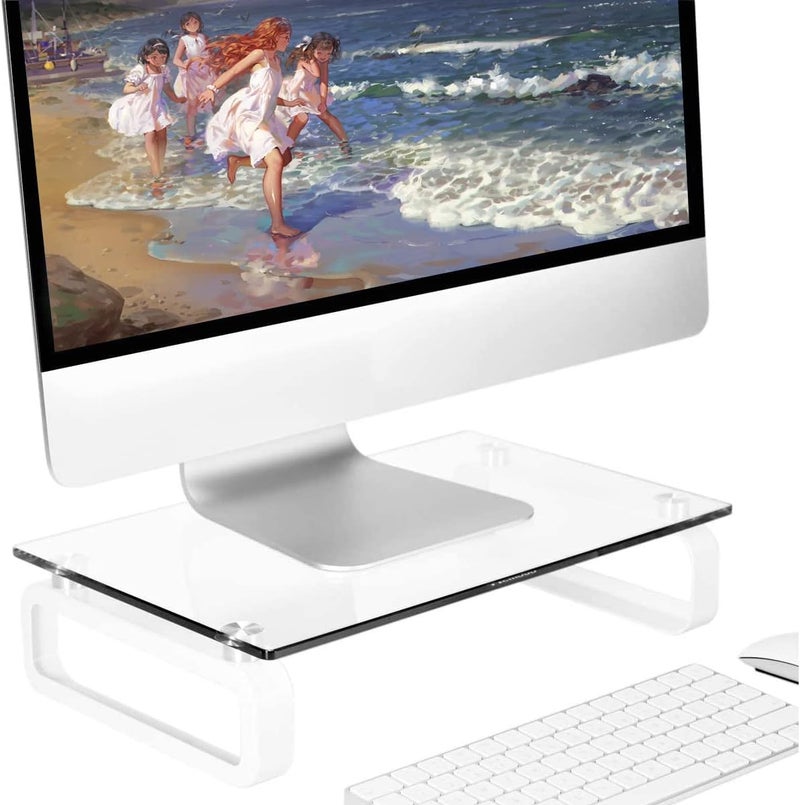 Hemudu Clear Computer Monitor Stand Riser Multi Media Desktop Stand for Flat Screen LCD LED TV, Laptop/Notebook, with Tempered Glass and Metal Legs, HD02T-001 - Image 1