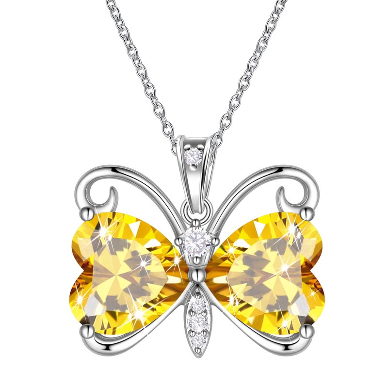 Juwaliy Yellow Butterfly Necklace Heart November Birthstone Necklace Citrine Silver Plated Pendant Jewelry Women Mother Wife Christmas Birthday Gift - Image 1