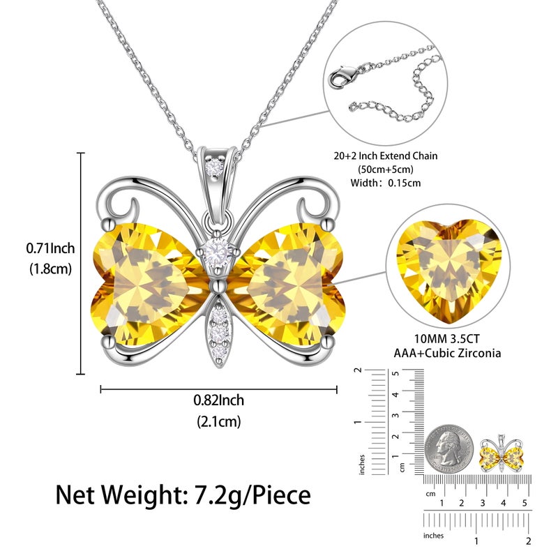 Juwaliy Yellow Butterfly Necklace Heart November Birthstone Necklace Citrine Silver Plated Pendant Jewelry Women Mother Wife Christmas Birthday Gift - Image 2