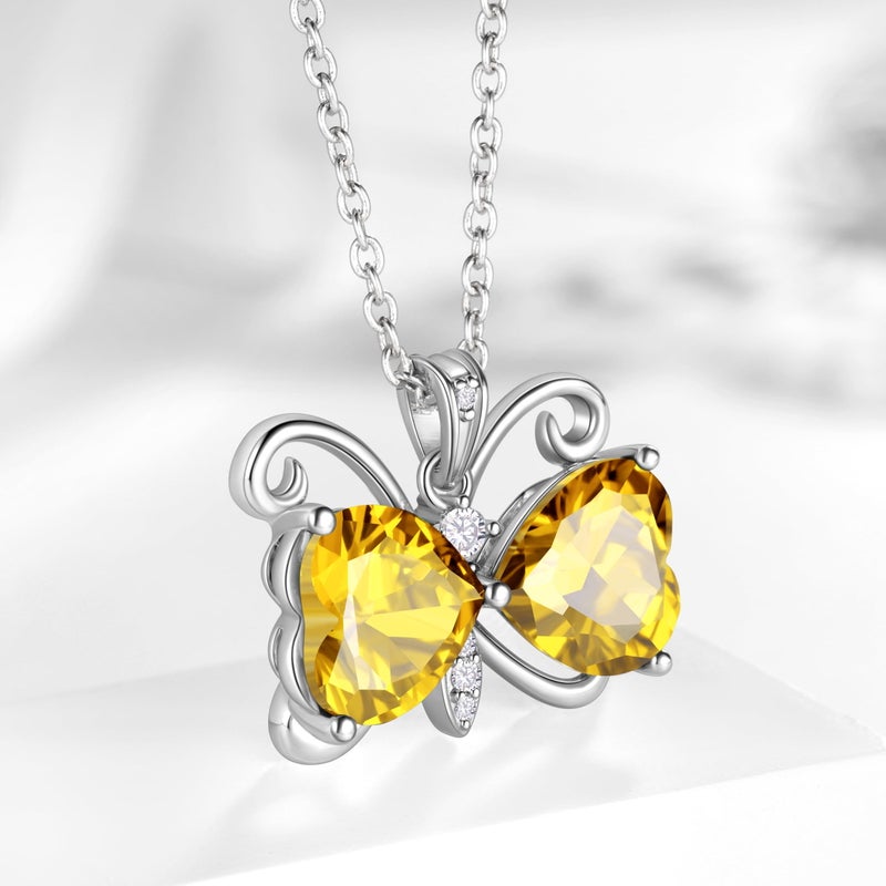 Juwaliy Yellow Butterfly Necklace Heart November Birthstone Necklace Citrine Silver Plated Pendant Jewelry Women Mother Wife Christmas Birthday Gift - Image 3