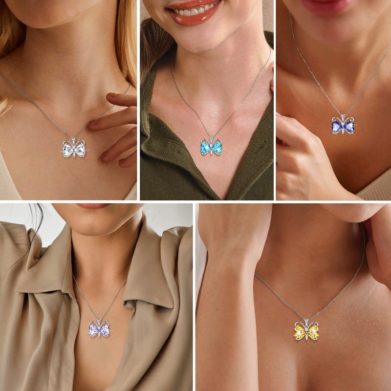 Juwaliy Yellow Butterfly Necklace Heart November Birthstone Necklace Citrine Silver Plated Pendant Jewelry Women Mother Wife Christmas Birthday Gift - Image 5