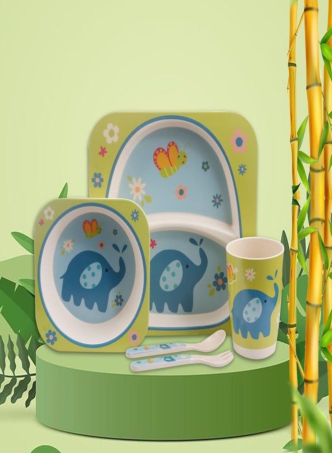 Tony Stark Bamboo Baby Feeding Set - 5-Piece Tableware for Toddlers, Kids & Babies Includes Plate, Bowl, Cup, Spoon, Fork - BPA-Free, Unbreakable Eco-Friendly |Organic & Natural (Elephant) - Image 1
