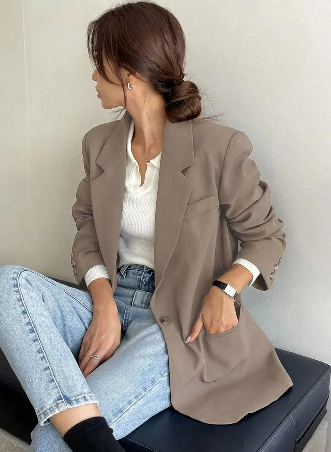 Take Two Take Two Tan Buttoned Blazer with Back Slit Hem
