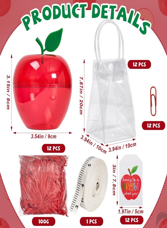 APUDWN 12 Sets Apple Shaped Gift Boxes with Clear Handle Bags, Red Plastic Apple Candy Containers with Tags Clips Raffia Ruler Ribbon, Back to School Classroom Gifts Welcome Treat Boxes (Red - Image 2