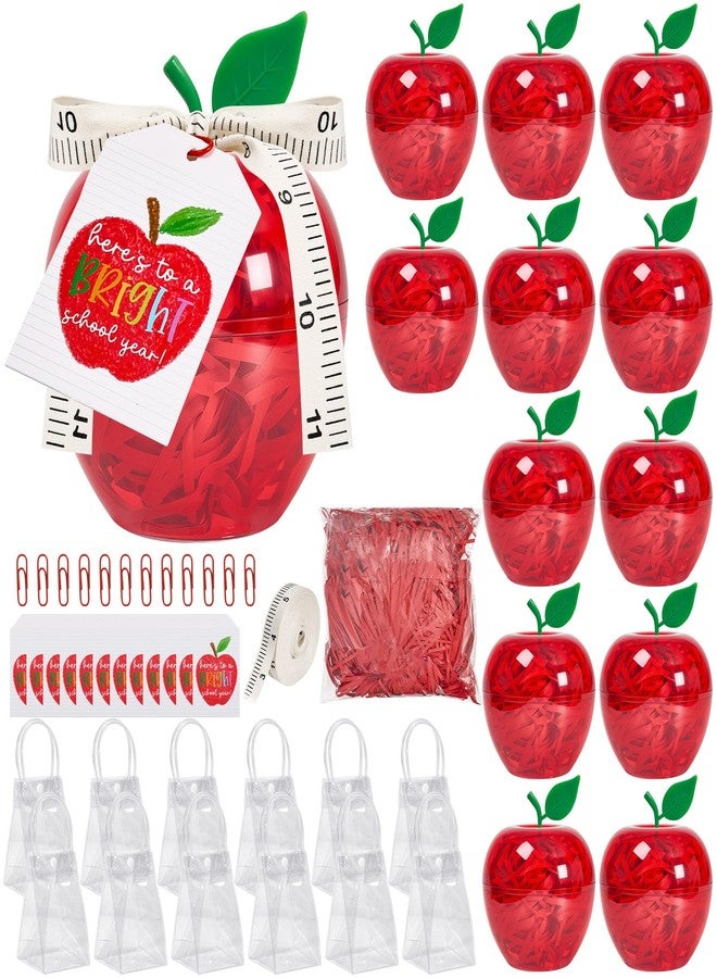 APUDWN 12 Sets Apple Shaped Gift Boxes with Clear Handle Bags, Red Plastic Apple Candy Containers with Tags Clips Raffia Ruler Ribbon, Back to School Classroom Gifts Welcome Treat Boxes (Red - Image 1