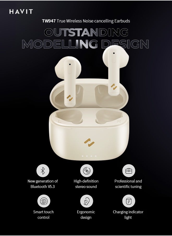 havit - Wireless Earbud, Bluetooth 5.3, ENC Noise Reduction Microphone, Smart Touch Control, Compatible with Android/Apple Devices, Beige - Image 1