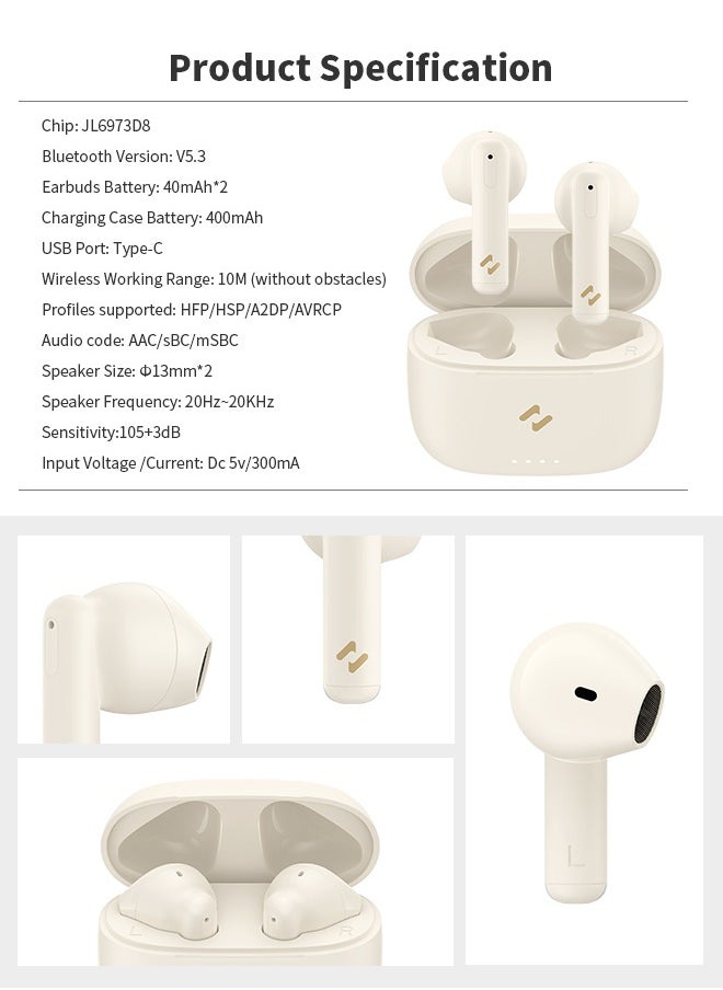 havit - Wireless Earbud, Bluetooth 5.3, ENC Noise Reduction Microphone, Smart Touch Control, Compatible with Android/Apple Devices, Beige - Image 1