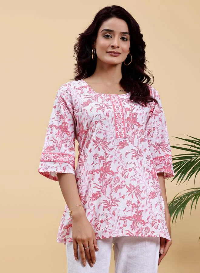 White Printed Cotton Straight Kurti